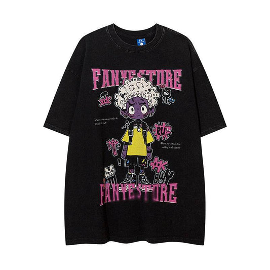 Cartoon Anime Print Distressed T-shirt For Men And Women MuddyStock