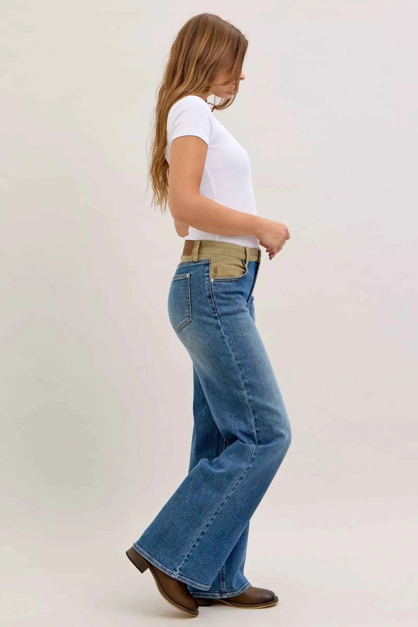 Judy Blue MR Column Straight Jeans with Corduroy Waist For Women Trendsi