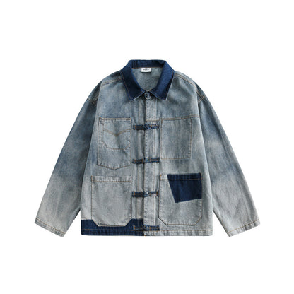 Women's Vintage Distressed Plate Buckle Polo Collar Jacket