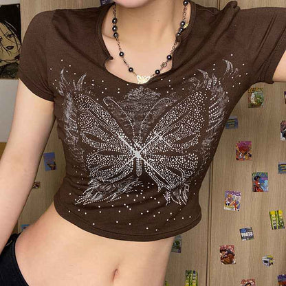 Retro Small U Neck Butterfly Print Brown Short Sleeve T-Shirt For Women MuddyStock