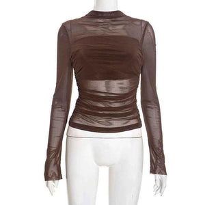 New Round-neck Pullover Sheer Mesh Bustier Spliced Top For Women Brown
