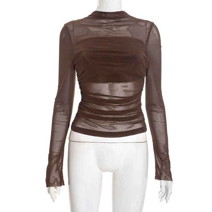 New Round-neck Pullover Sheer Mesh Bustier Spliced Top For Women Brown MuddyStock