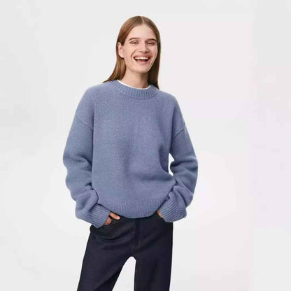 Ladies New Autumn And Winter Loose Round Neck Sweater Fog Blue MuddyStock