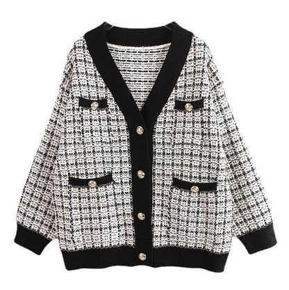 Knitted Jacket Women's Cardigan Plaid Loose Thickening Small Fragrance Style Foreign Style MuddyStock