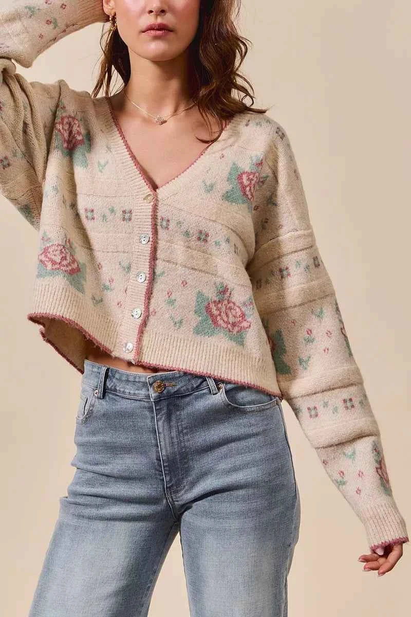 Floral Pattern Long Sleeve Button Sweater Cardigan For Women Trendsi