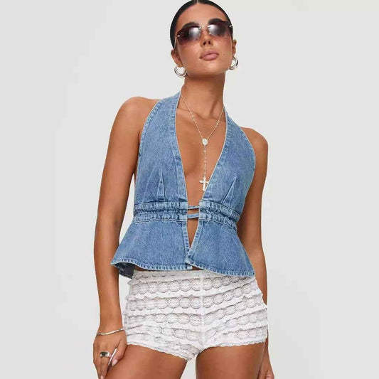 Washed Denim Exposed Back Halter Lace-up Top MuddyStock