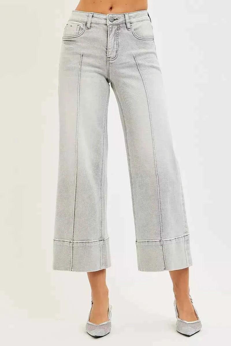 RISEN Mid Rise Crop Wide Pintuck Jeans For Women LIGHT GREY Trendsi
