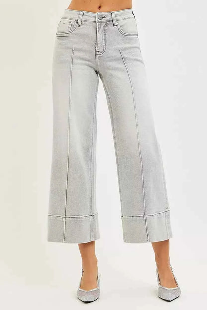 RISEN Mid Rise Crop Wide Pintuck Jeans For Women LIGHT GREY Trendsi