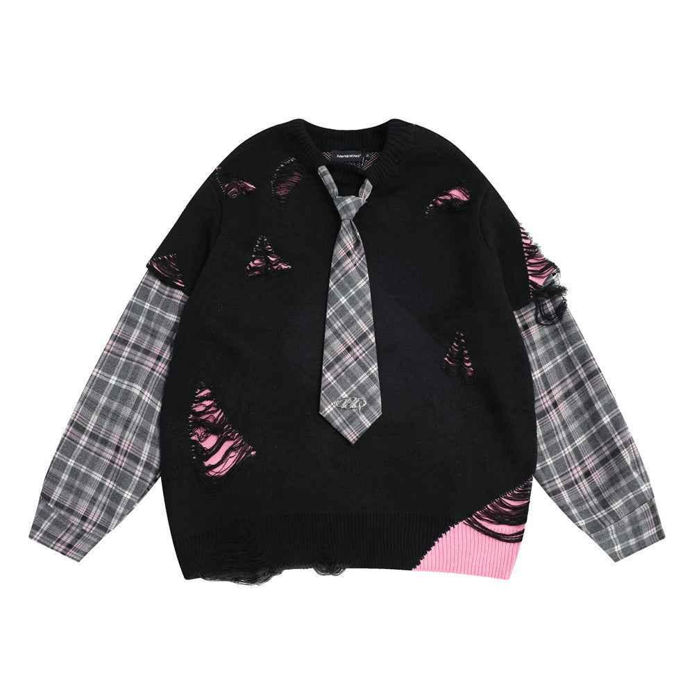 Stitching Fake Two-piece Round Neck Sweater For Men Black null