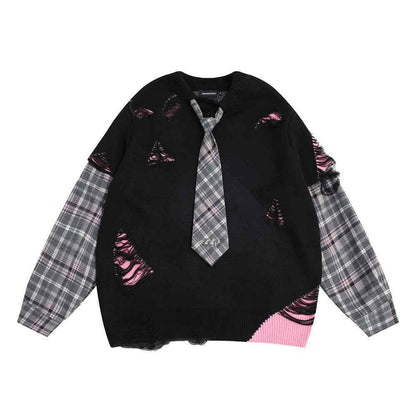 Stitching Fake Two-piece Round Neck Sweater For Men Black null