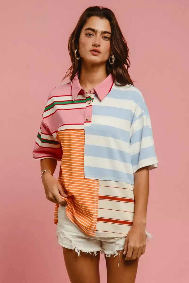 Mix And Match Stripe Color Block T-shirt For Women PINK PERI ORG OAT Trendsi