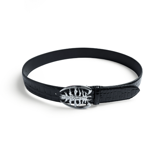Metal Ribbed Buckle Niche Belt Black 110cm