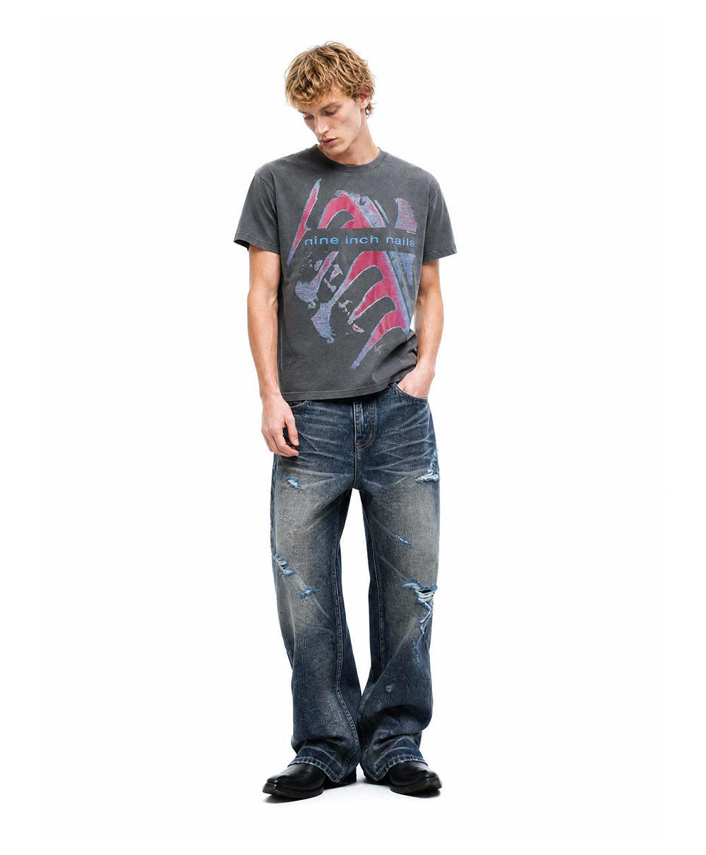 American-style Vintage Washed-and-distressed Print Relaxed-fit Short Sleeve For Men