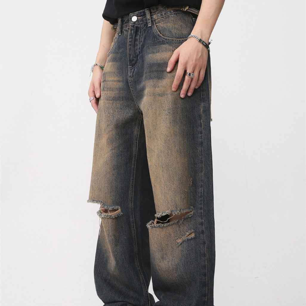 Men's Retro Distressed Rust Earthy Hole Raw Hem Jeans MuddyStock