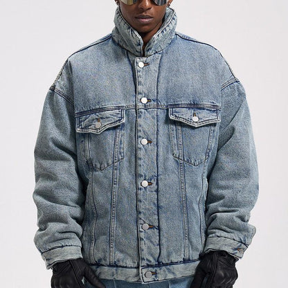 Washed And Worn Mixed Cotton Loose Thickened Denim Jacket For Men null
