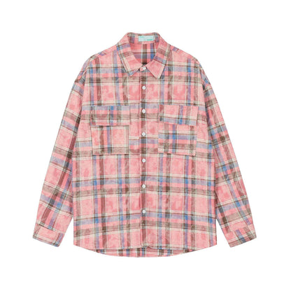 Plaid Autumn Loose Men's Shirt Pink null