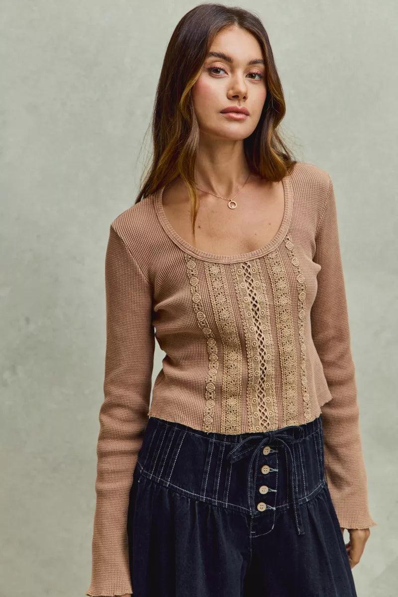 Vintage Washed Lace Crop Thermal Washed Knit Top