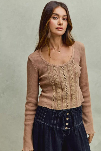 Vintage Washed Lace Crop Thermal Washed Knit Top