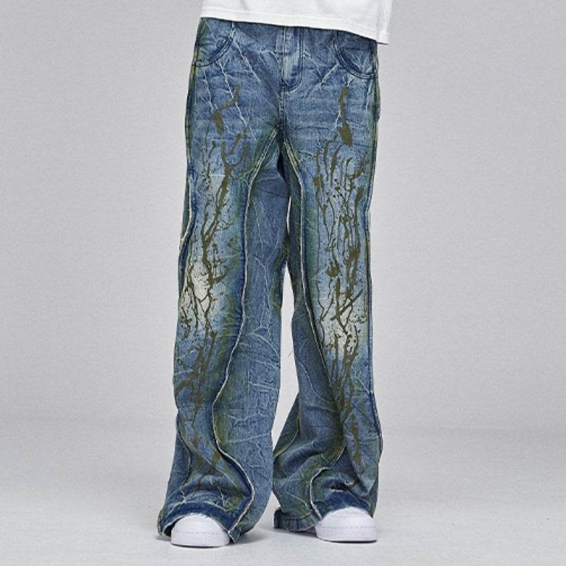 American Street Dirtyfit Heavy Industry Washed Distressed Wide Leg Jeans Blue MuddyStock