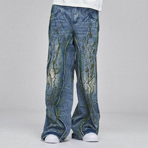American Street Dirtyfit Heavy Industry Washed Distressed Wide Leg Jeans Blue
