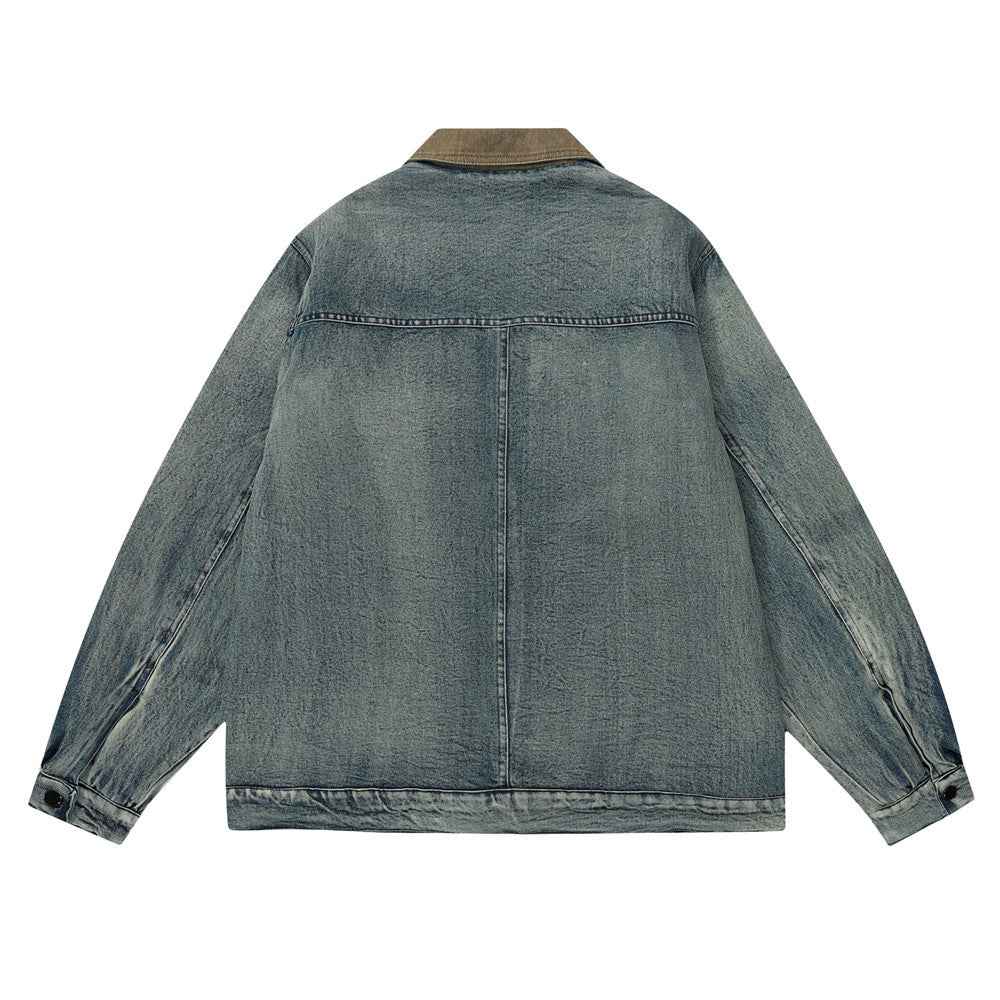 Color Stitching Turnover Neck Denim Jacket For Men And Women