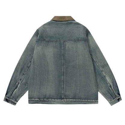 Color Stitching Turnover Neck Denim Jacket For Men And Women