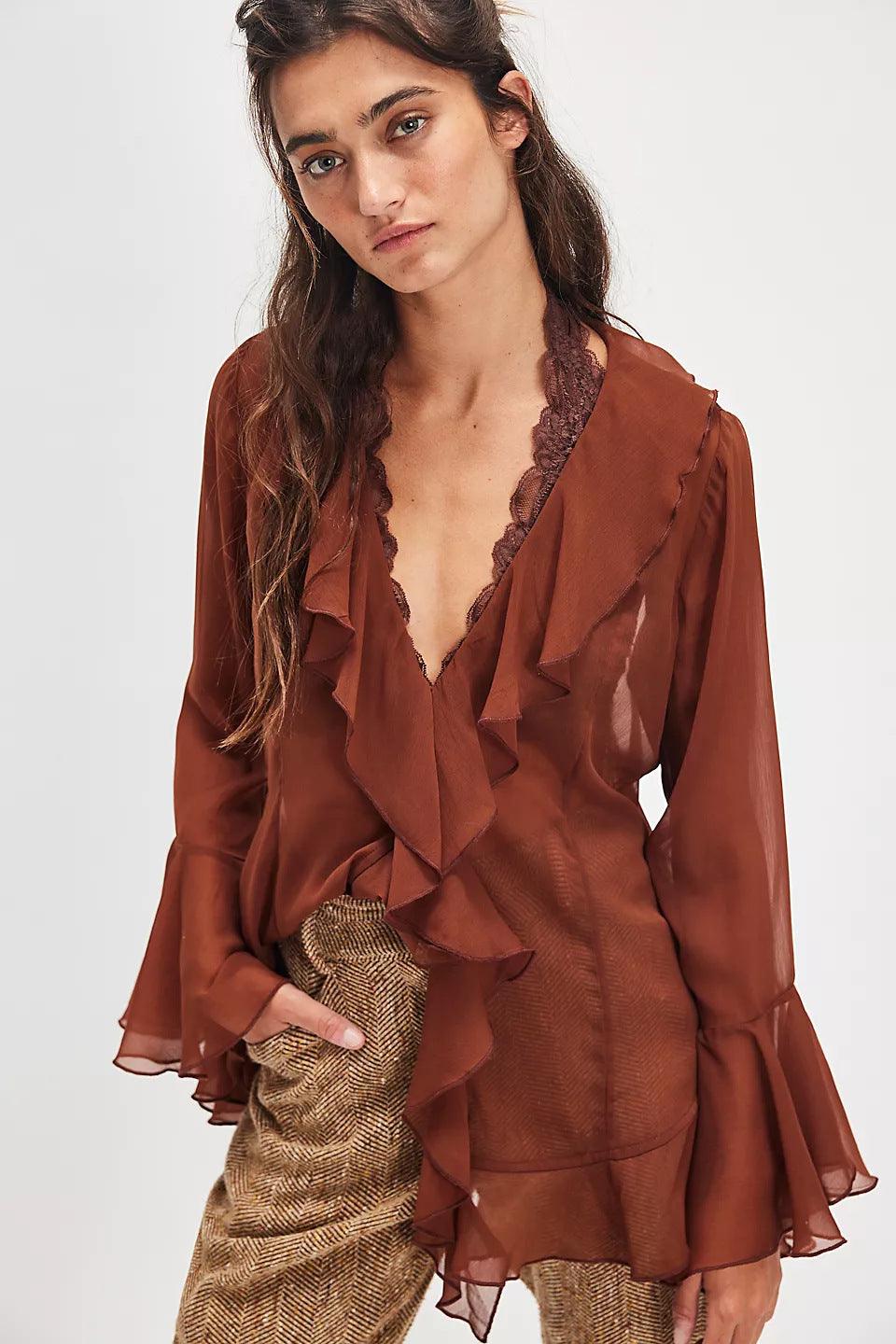 Women's Solid-Color V-Neck Outerwear Top Dark Red