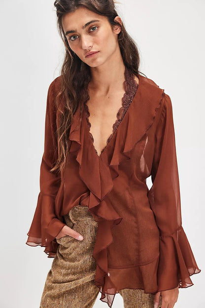 Women's Solid-Color V-Neck Outerwear Top Dark Red
