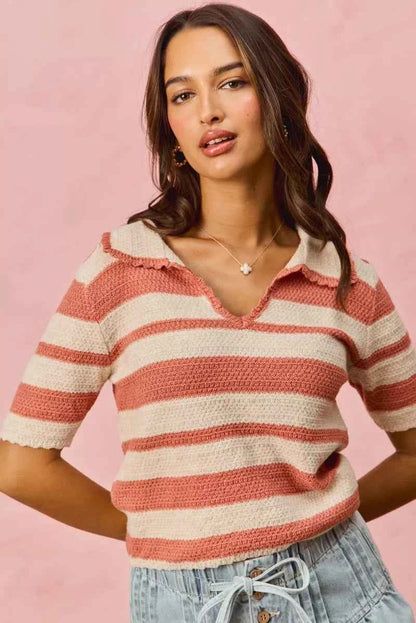 Stripe Short Sleeve Cropped Sweater For Women Trendsi