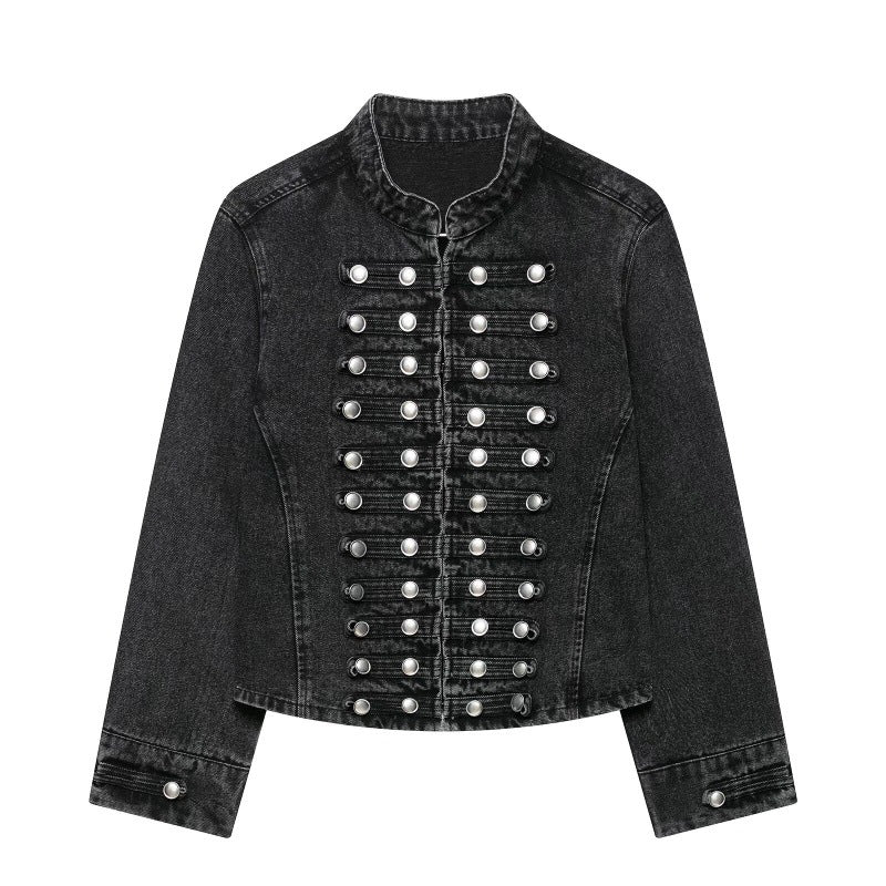 Fashionable Buttoned Round-neck Denim Jacket For Women Dark Gray All Products