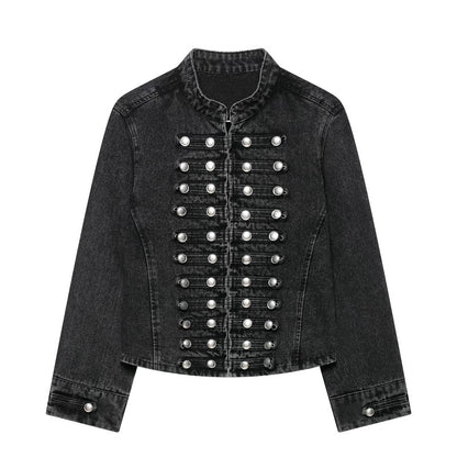 Fashionable Buttoned Round-neck Denim Jacket For Women Dark Gray All Products