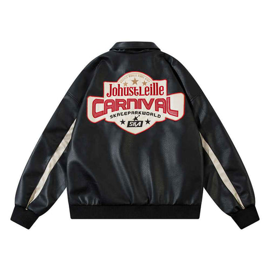 European And American Letters Affixed Cloth Embroidered Loose Leather Coat Coat MuddyStock