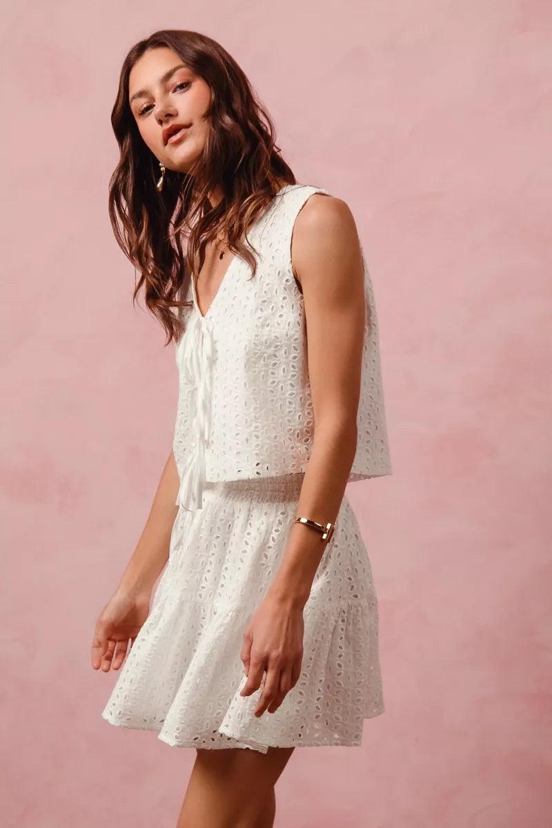 Floral Eyelet Lace Tie Front Vest Top and Tiered Mini Skirt Set