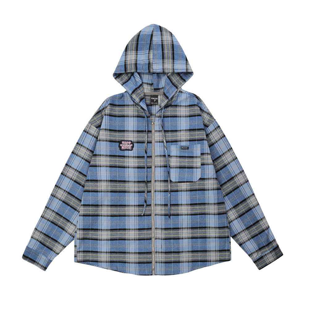 Striped Plaid Hooded Shirt For Men null