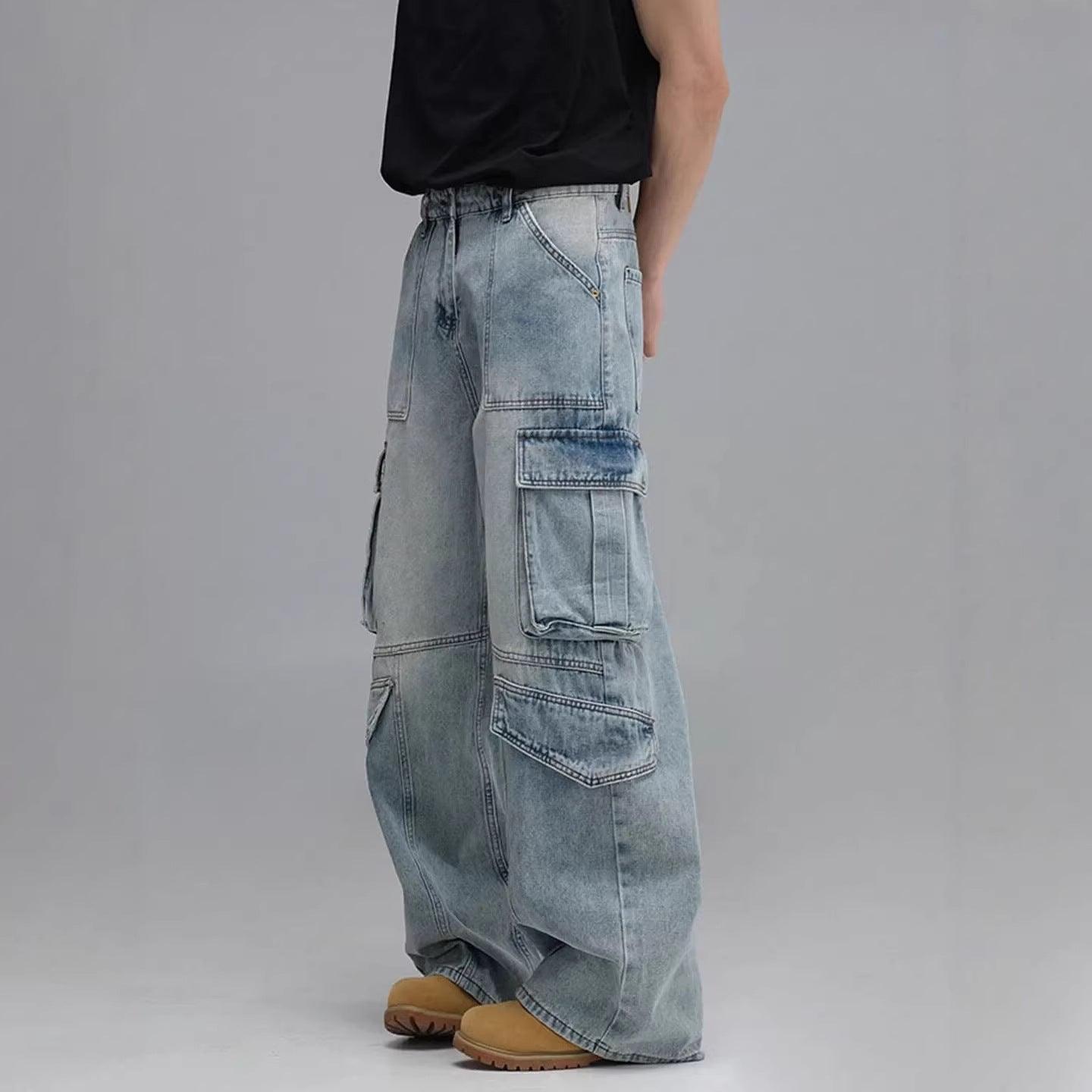 Washed Multi-Pocket Workwear Denim Jeans For Men
