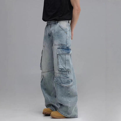 Washed Multi-Pocket Workwear Denim Jeans For Men