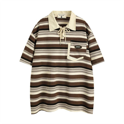 Retro Loose Striped Short-sleeved Polo Shirt For Men Green MuddyStock