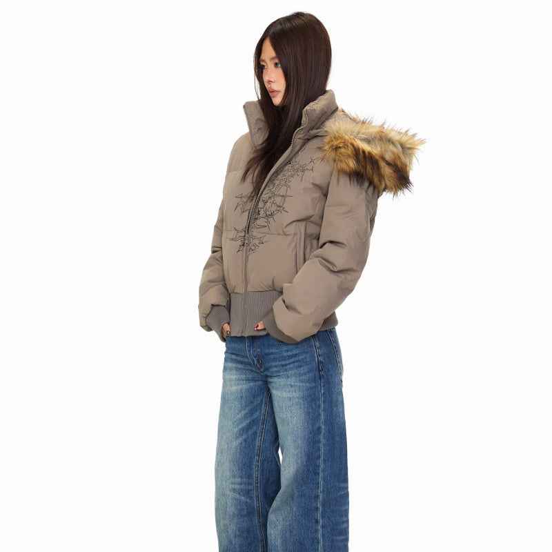 Detachable Fur Collar Printed Hoodie For Women MuddyStock