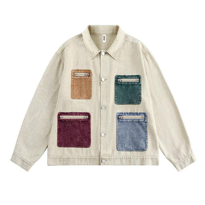 Punk Design Contrast Color Multi-pocket Baggy Coat For Women Apricot All Products