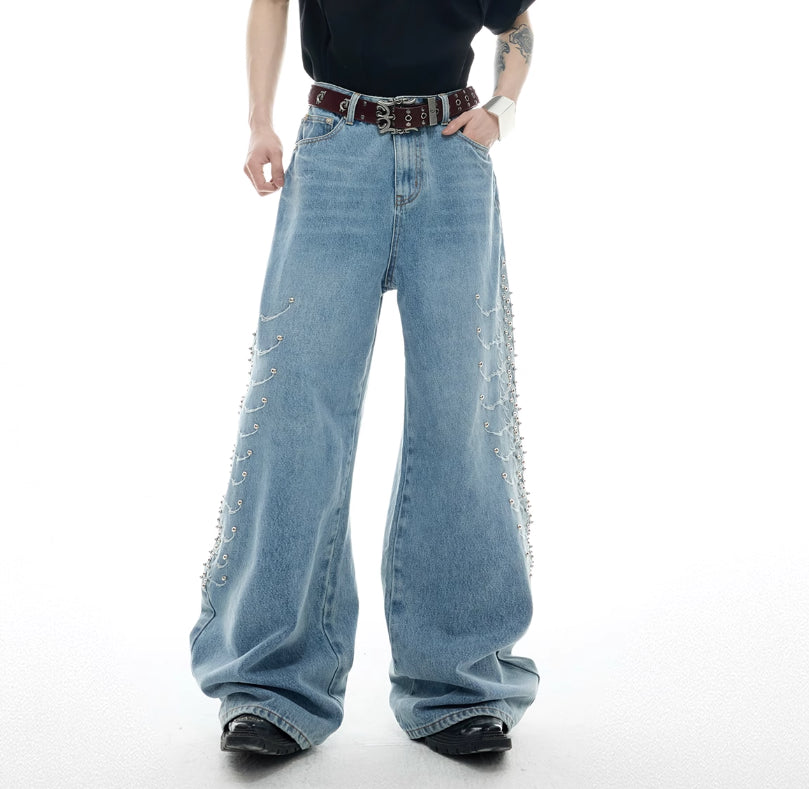 Niche Retro Washed Backbone Rivet Design Jeans For Men