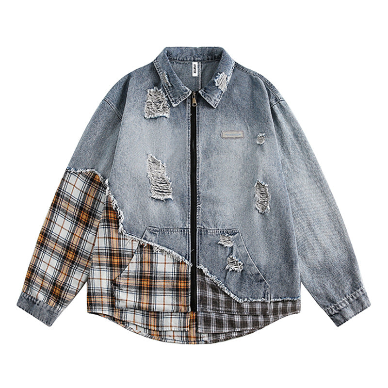 Irregular Stitching Plaid Denim Jacket For Women Blue MuddyStock null