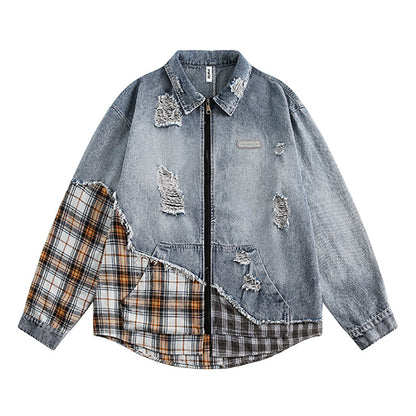 Irregular Stitching Plaid Denim Jacket For Women Blue MuddyStock null