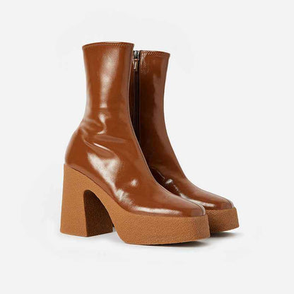 Square Toe Platform Platform High Heel Boots For Women Brown