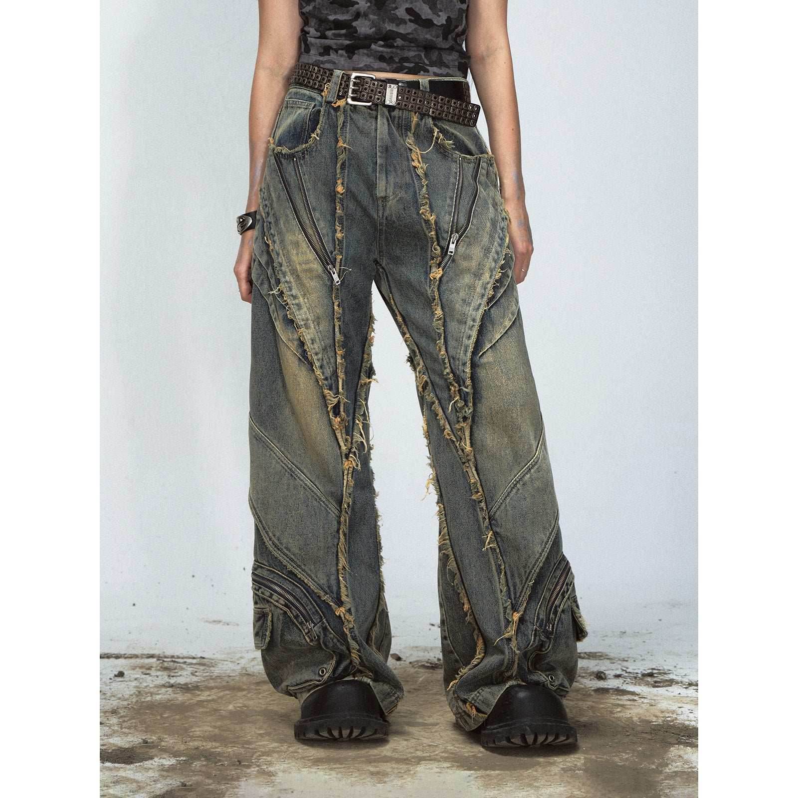Heavy Industry Destroyed Raw Edge Stitching Jeans Retro Wide Leg Trousers Blue MuddyStock