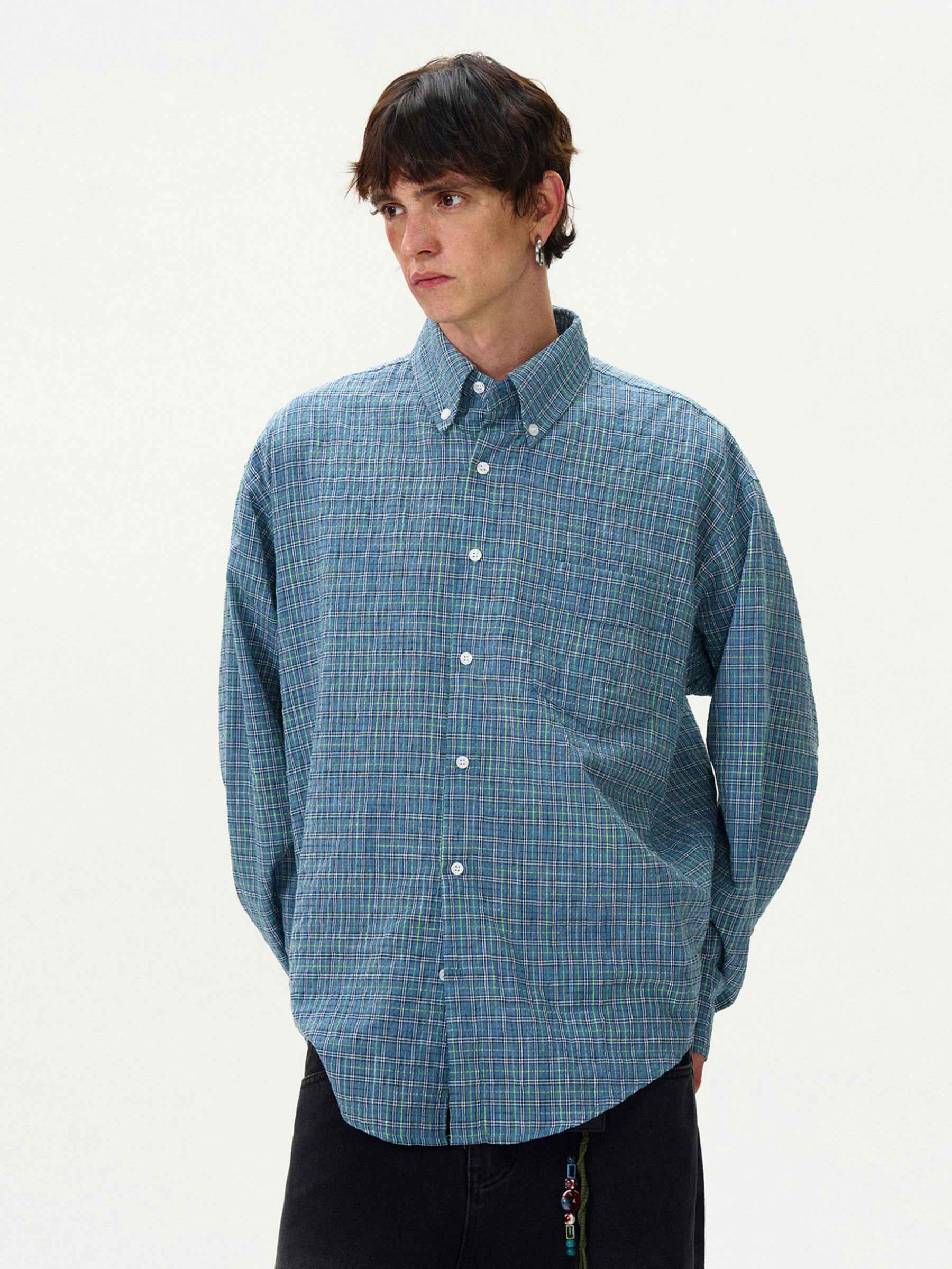 American Style Vintage Plaid Pleated Shirt For Men null