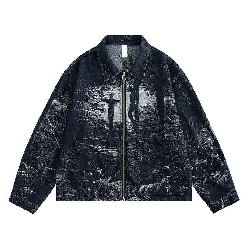 Women's American-style Retro Back Printed Denim Jacket For Women Night Blue MuddyStock