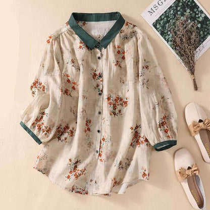 Cotton And Linen Top Women's Loose Printed Linen Shirt Red MuddyStock