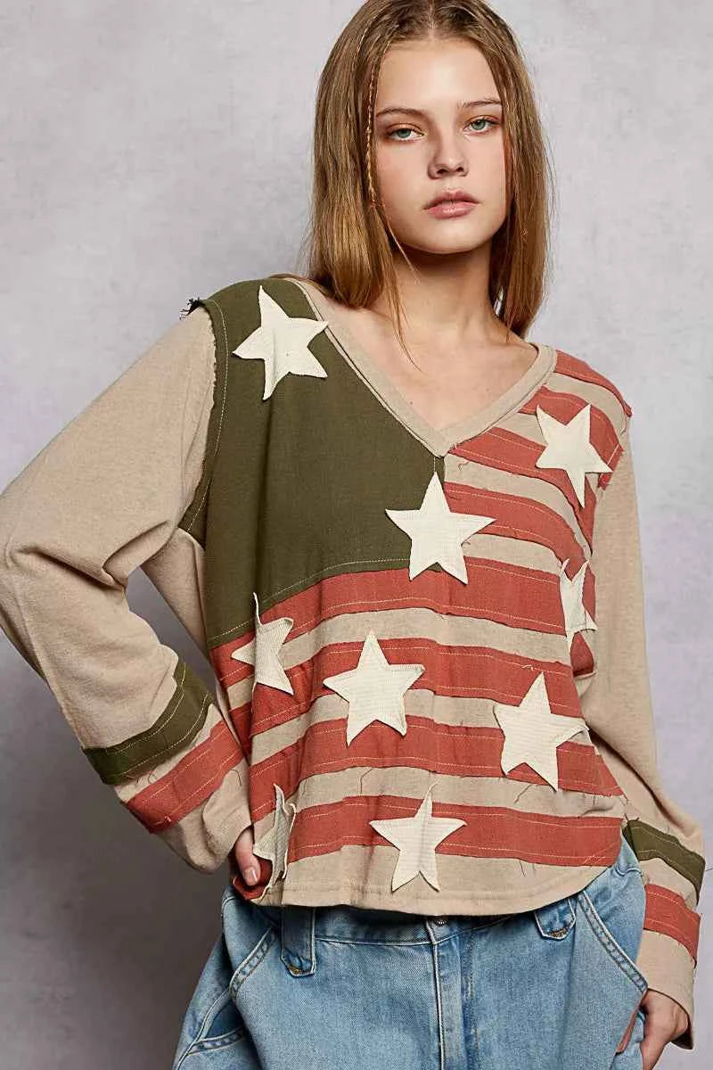 Double Gauze American Flag Patch V-Neck Long Sleeve T-Shirt For Women MOCHA MULTI Trendsi