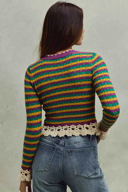 Mardi Gras Striped Cropped Knit Top with Crochet Edge For Women Trendsi