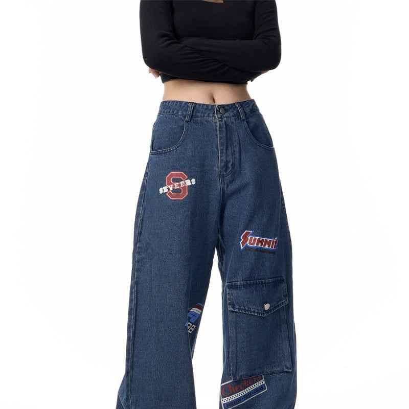 American Retro Stamp Printing Cargo Jeans MuddyStock